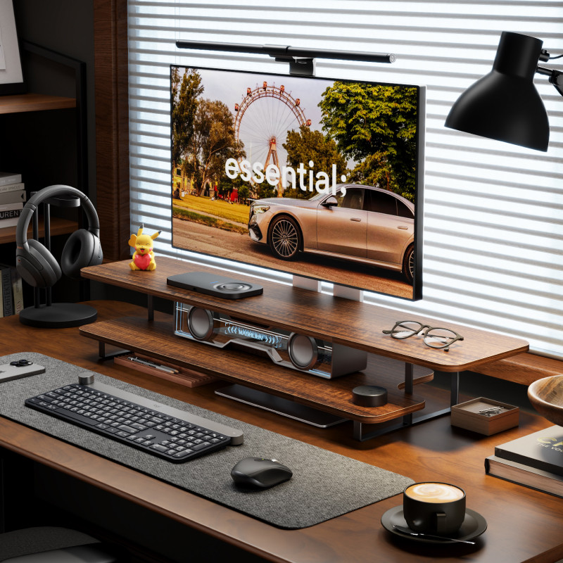 Walnut Finish Monitor Stand Ri - огляд і ціна Desk Setup Laptop And Monitor